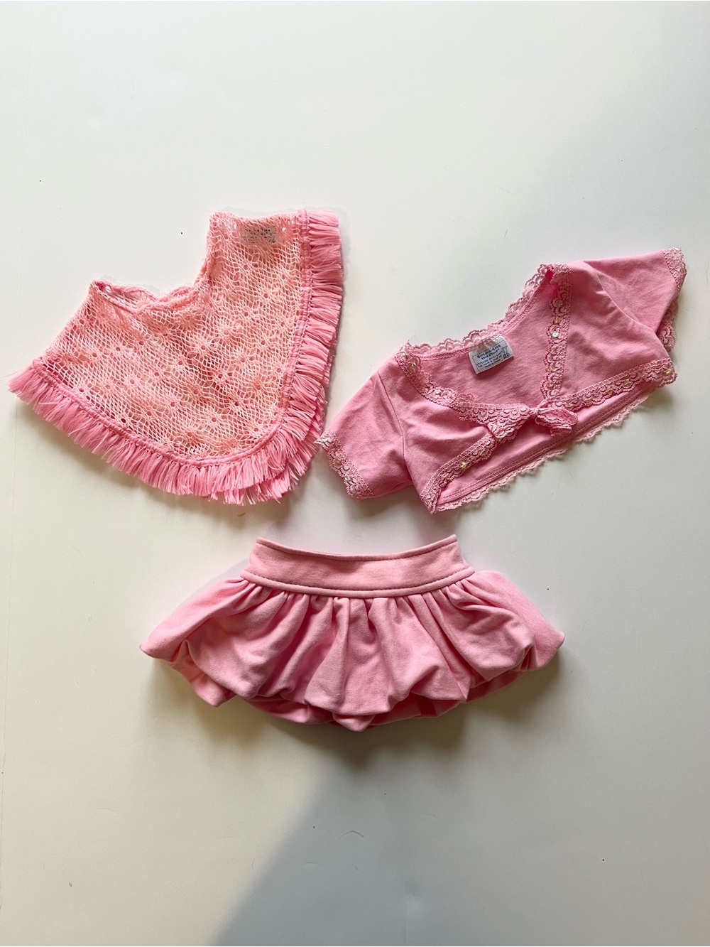 Build-A-Bear 3 Piece Outfit Set Pink Knit Poncho Sequin Top and Mini Skirt